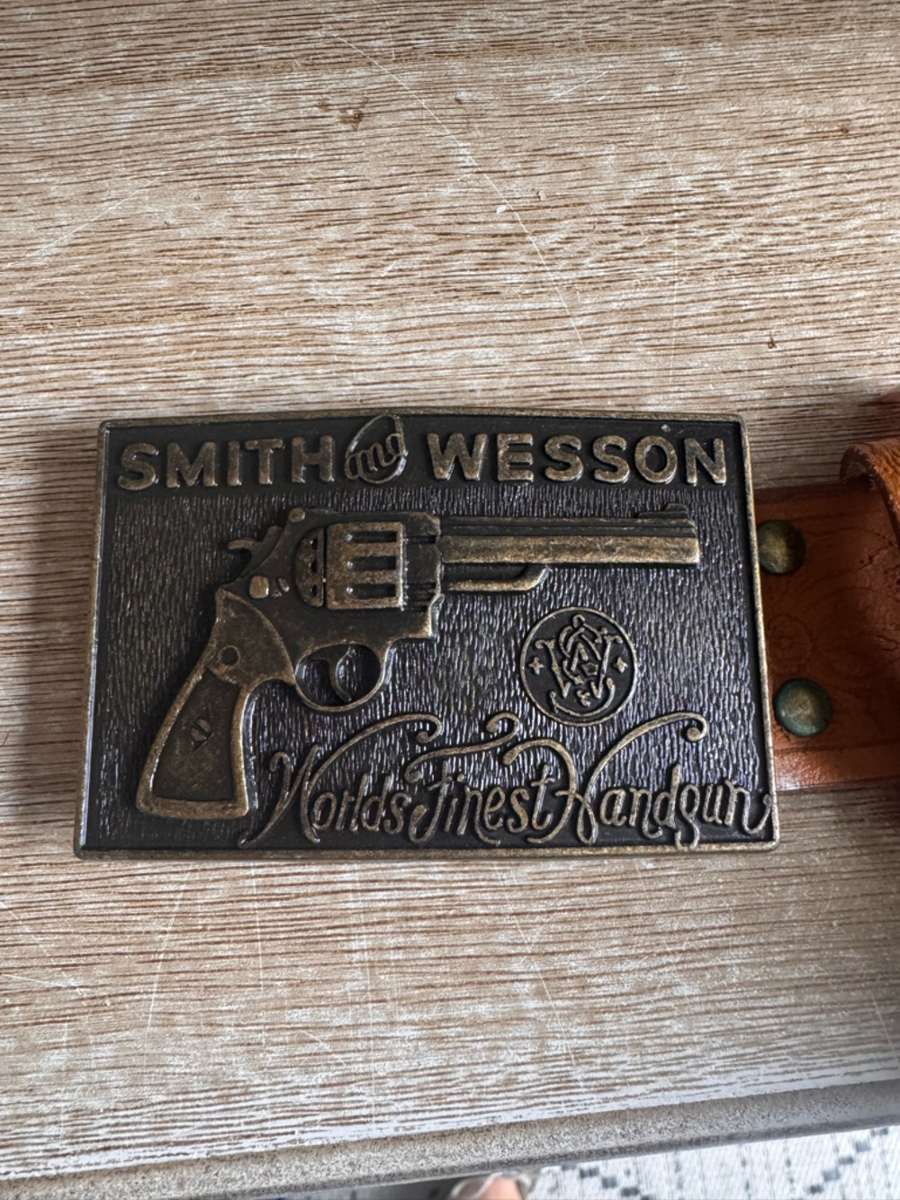 Smith & Wesson Brass Revolver Belt Belt - Antique Brass Finish with tooled